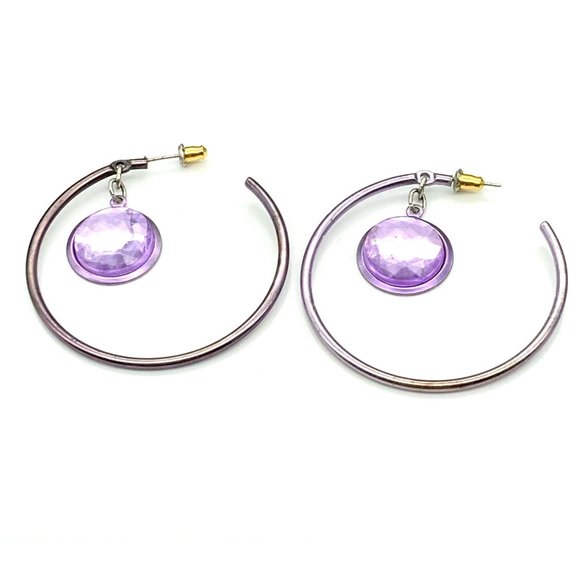Bold Earrings Purple Hoops with Bright Crystal Dangle, Vintage Flash and Flair - Picture 2 of 5